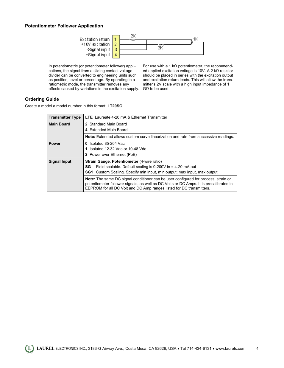Laurel Electronics LTE: Ethernet & 4-20 mA Output Transmitter for Strain Gauge & Potentiometer Input User Manual | Page 4 / 4