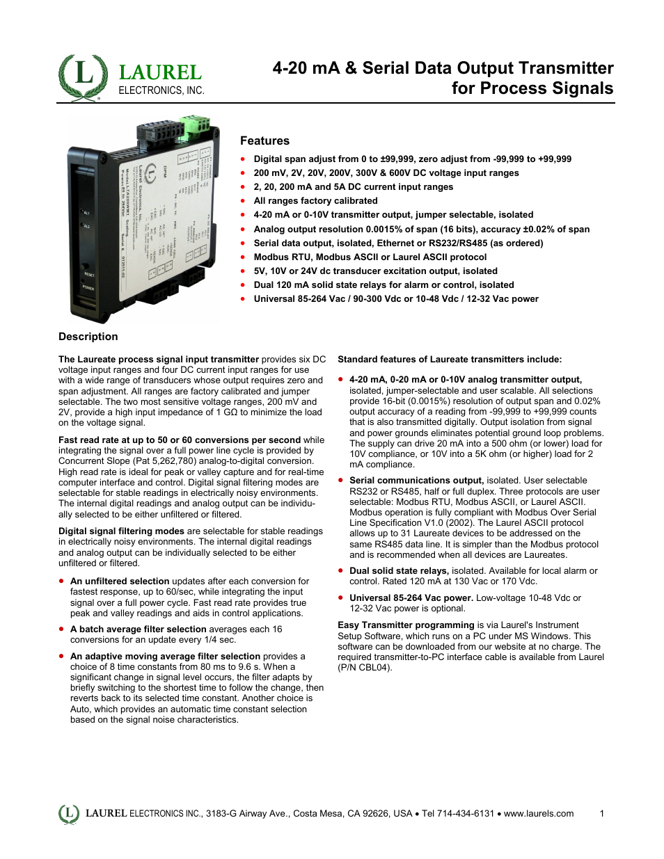 Laurel Electronics LT: 4-20 mA & Serial Data Output Transmitter for Process Signals User Manual | 4 pages