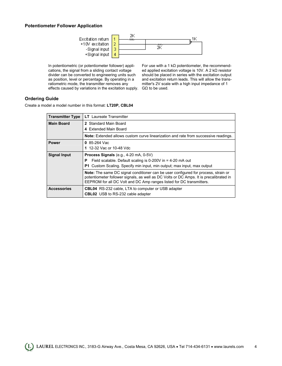 Laurel Electronics LT: 4-20 mA & Serial Data Output Transmitter for Process Signals User Manual | Page 4 / 4
