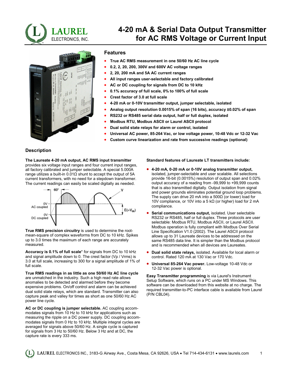 Laurel Electronics LT: 4-20 mA & Serial Data Output Transmitter for AC RMS Voltage or Current Input User Manual | 4 pages