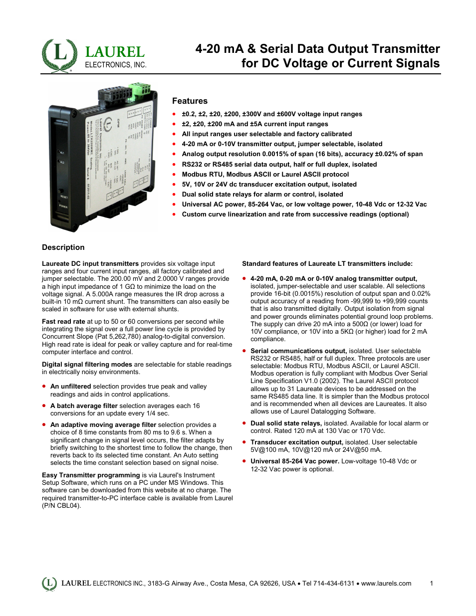 Laurel Electronics LT: 4-20 mA & Serial Data Output Transmitter for DC Voltage or Current Signals User Manual | 4 pages