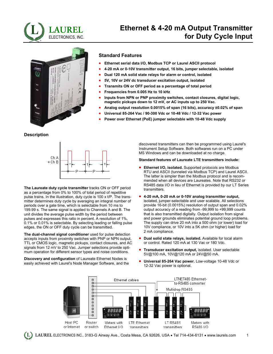 Laurel Electronics LTE: Ethernet & 4-20 mA Output Transmitter for Duty Cycle Input User Manual | 4 pages