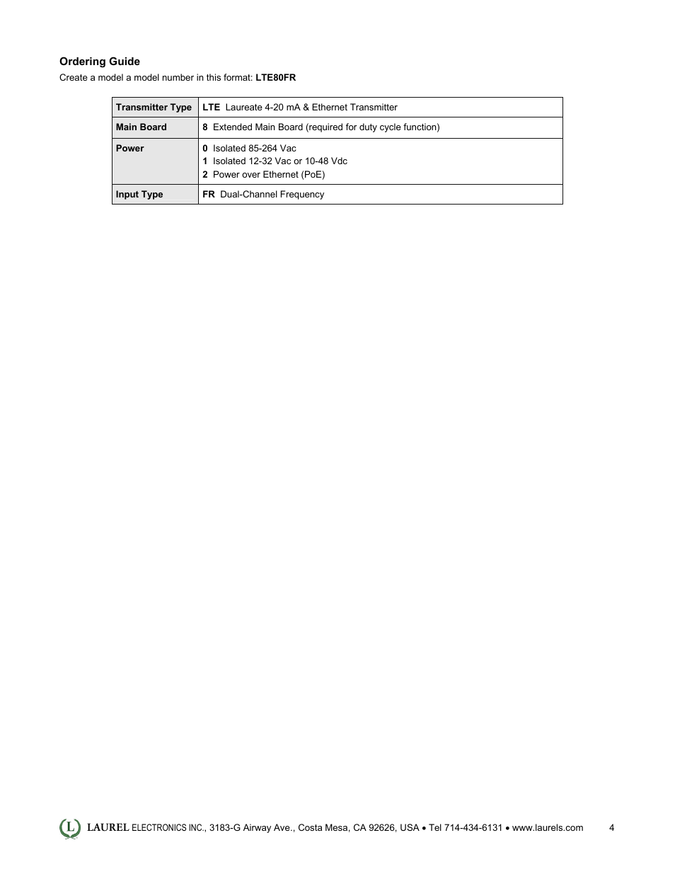 Laurel Electronics LTE: Ethernet & 4-20 mA Output Transmitter for Duty Cycle Input User Manual | Page 4 / 4