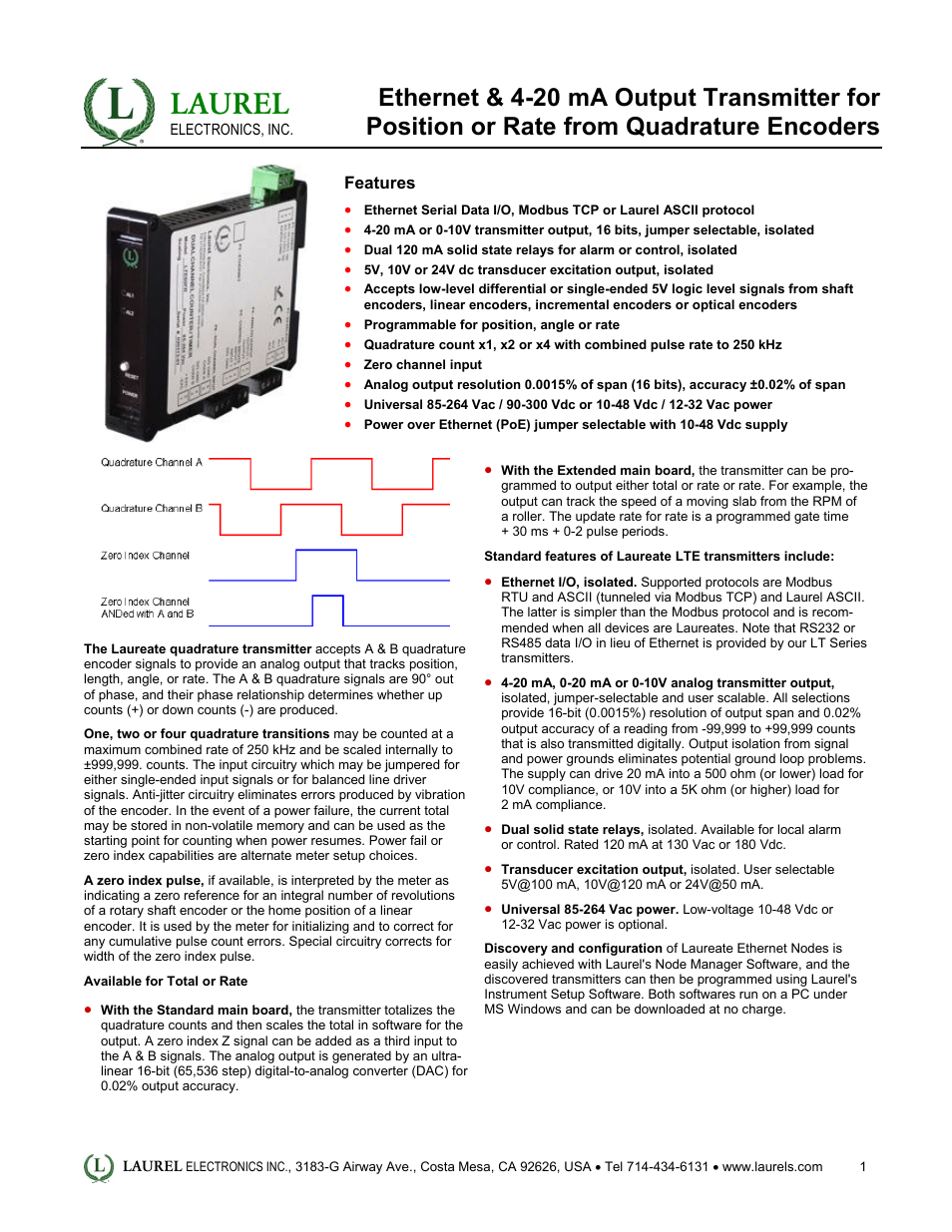 Laurel Electronics LTE: Ethernet & 4-20 mA Output Transmitter for Position or Rate from Quadrature Encoders User Manual | 4 pages