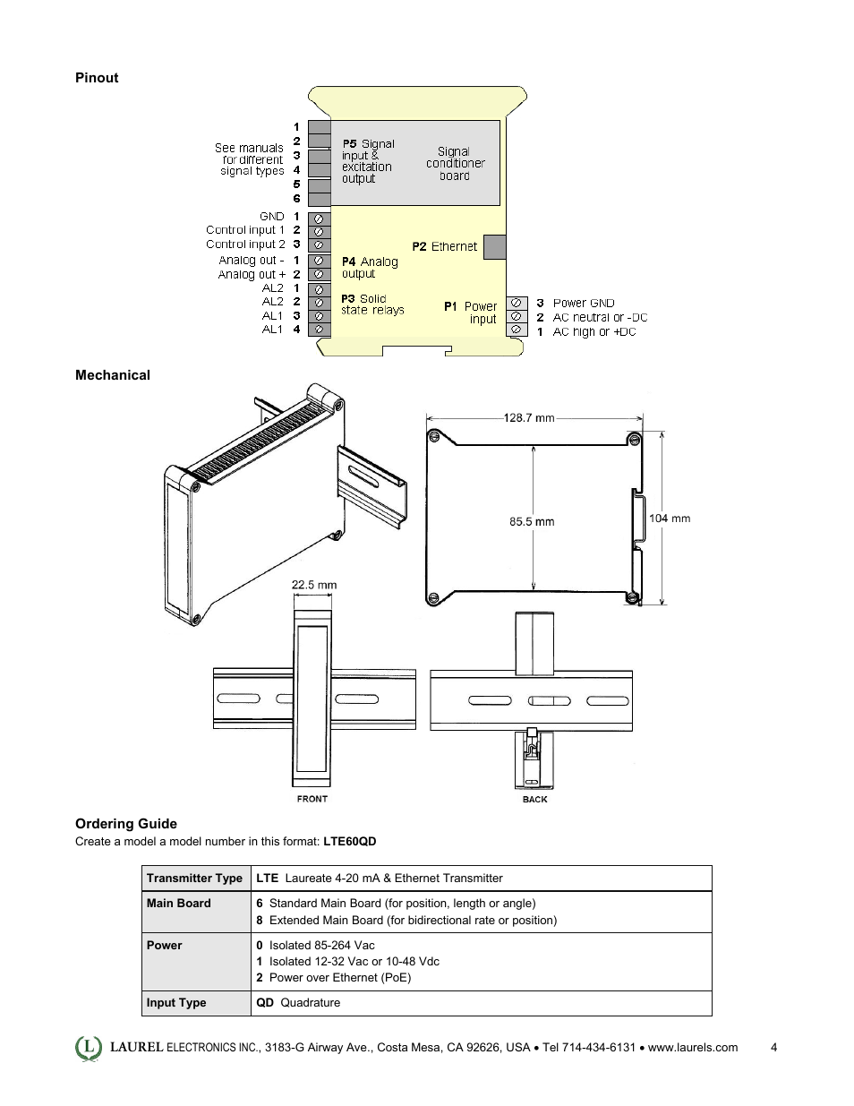 Laurel Electronics LTE: Ethernet & 4-20 mA Output Transmitter for Position or Rate from Quadrature Encoders User Manual | Page 4 / 4