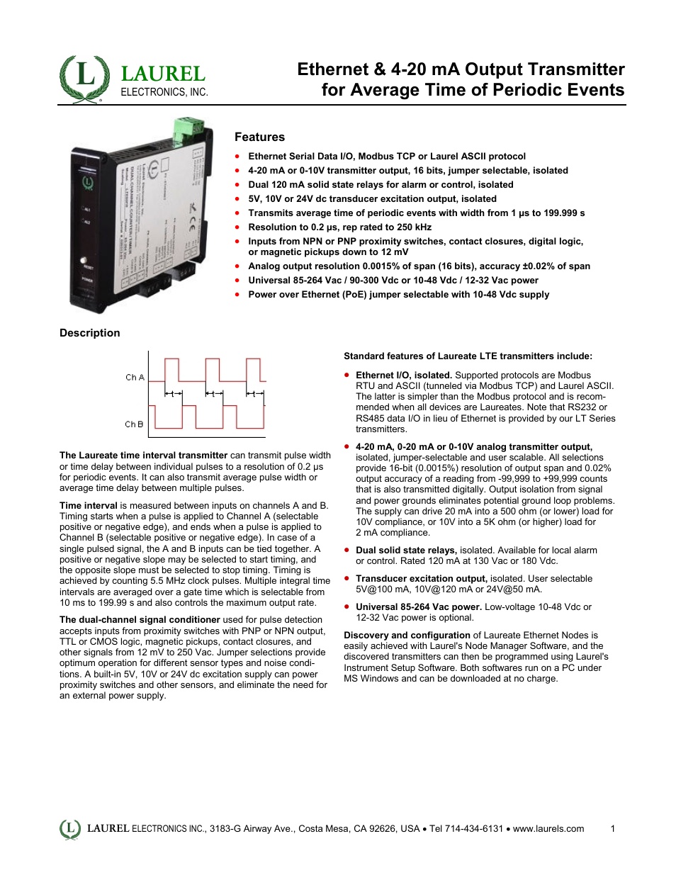 Laurel Electronics LTE: Ethernet & 4-20 mA Output Transmitter for Average Time of Periodic Events User Manual | 5 pages