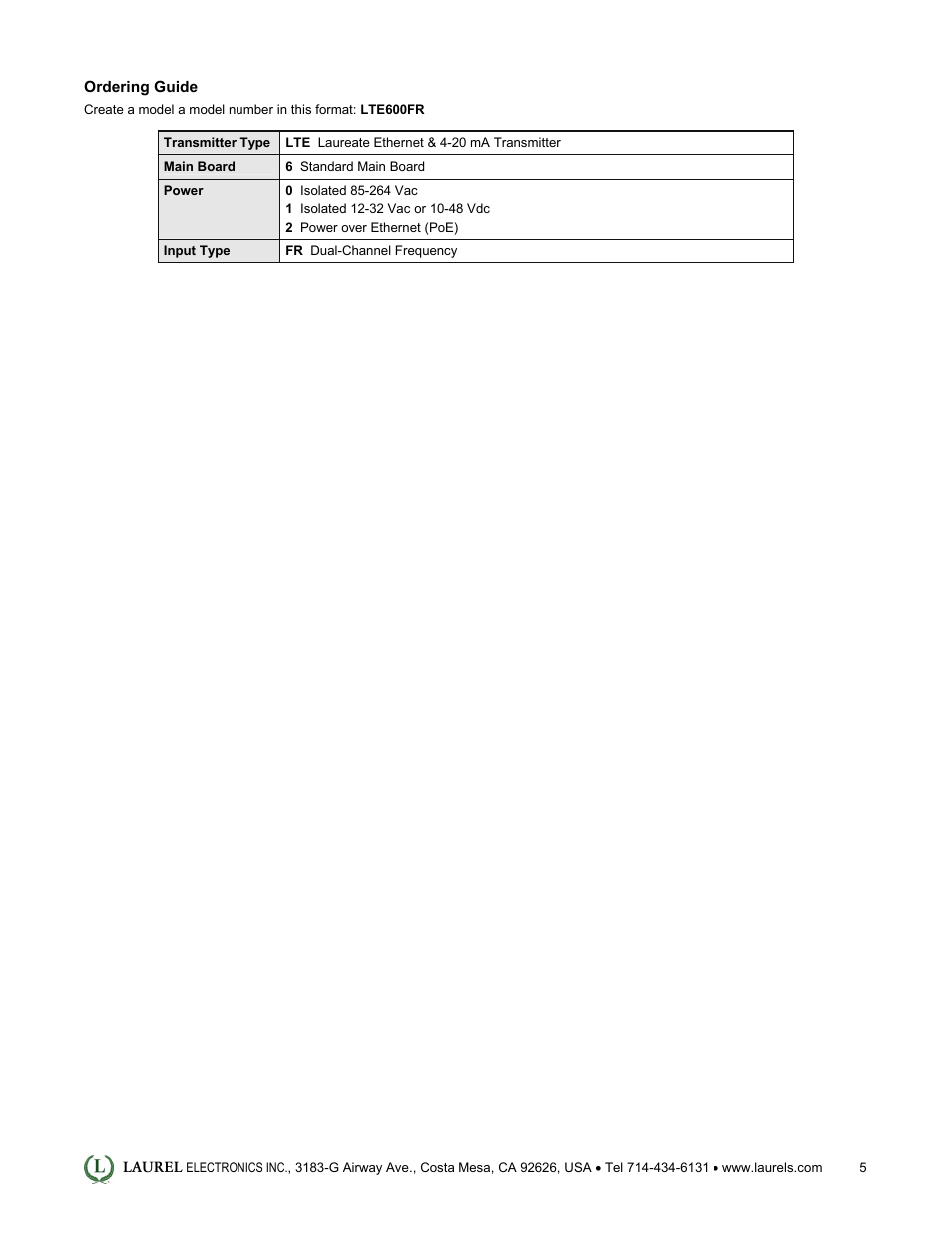 Laurel Electronics LTE: Ethernet & 4-20 mA Output Transmitter for Average Time of Periodic Events User Manual | Page 5 / 5