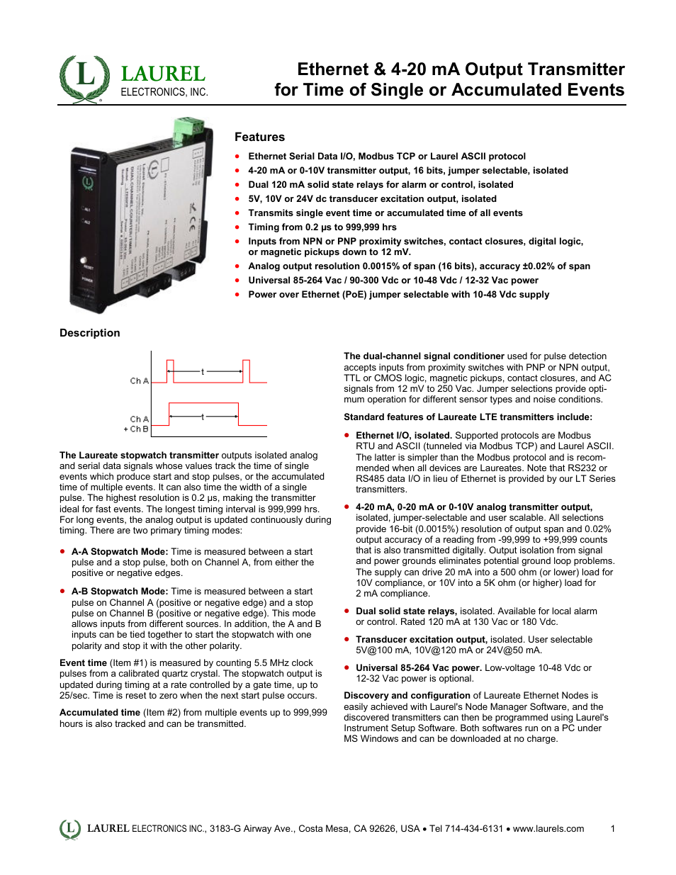 Laurel Electronics LTE: Ethernet & 4-20 mA Output Transmitter for Time of Single or Accumulated Events User Manual | 4 pages