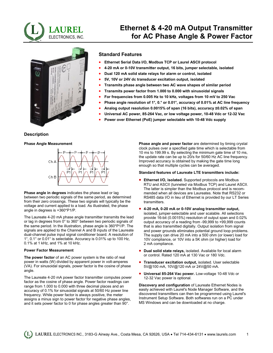 Laurel Electronics LTE: Ethernet & 4-20 mA Output Transmitter for AC Phase Angle & Power Factor User Manual | 4 pages