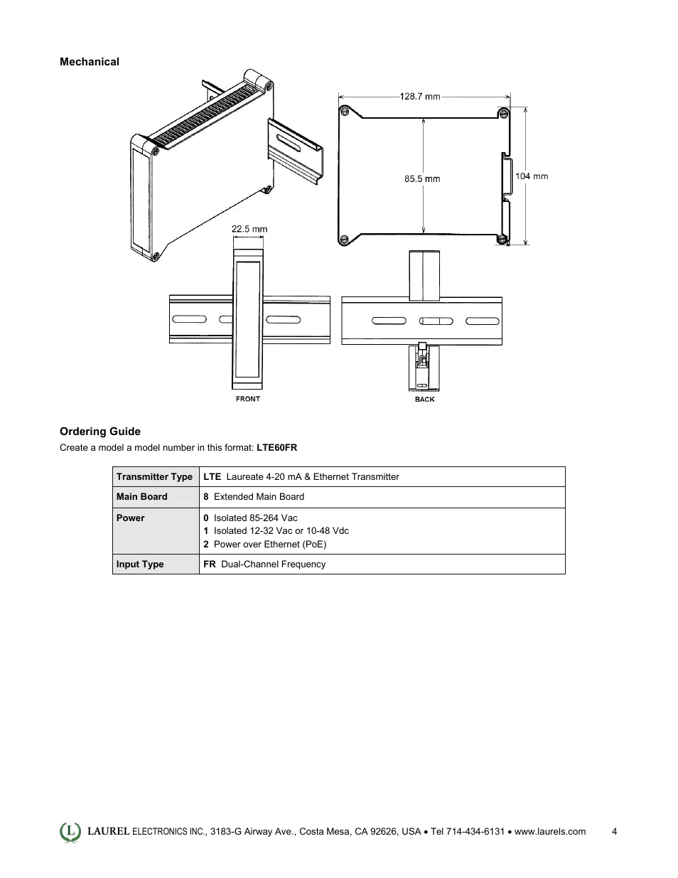 Laurel Electronics LTE: Ethernet & 4-20 mA Output Transmitter for AC Phase Angle & Power Factor User Manual | Page 4 / 4