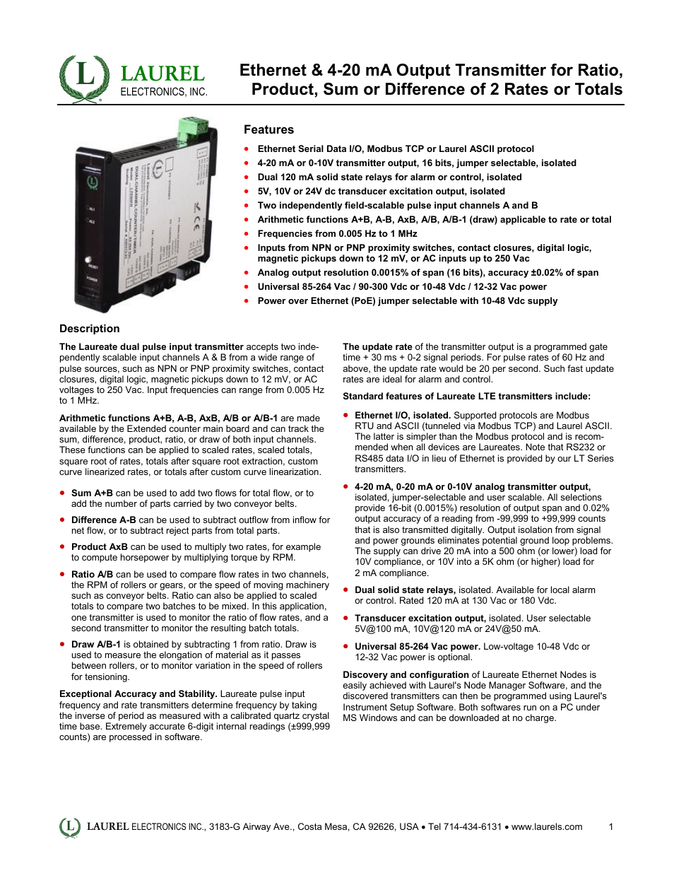 Laurel Electronics LTE: Ethernet & 4-20 mA Output Transmitter for Ratio User Manual | 5 pages