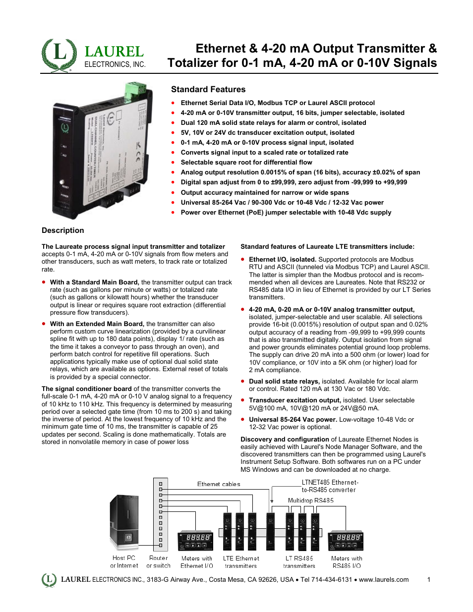 Laurel Electronics LTE: Ethernet & 4-20 mA Output Transmitter & Totalizer for 0-1 mA, 4-20 mA or 0-10V Signals User Manual | 4 pages