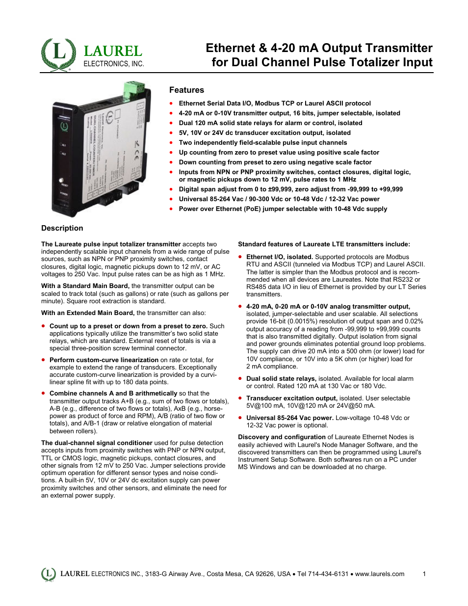 Laurel Electronics LTE: Ethernet & 4-20 mA Output Transmitter for Dual Channel Pulse Totalizer Input User Manual | 4 pages