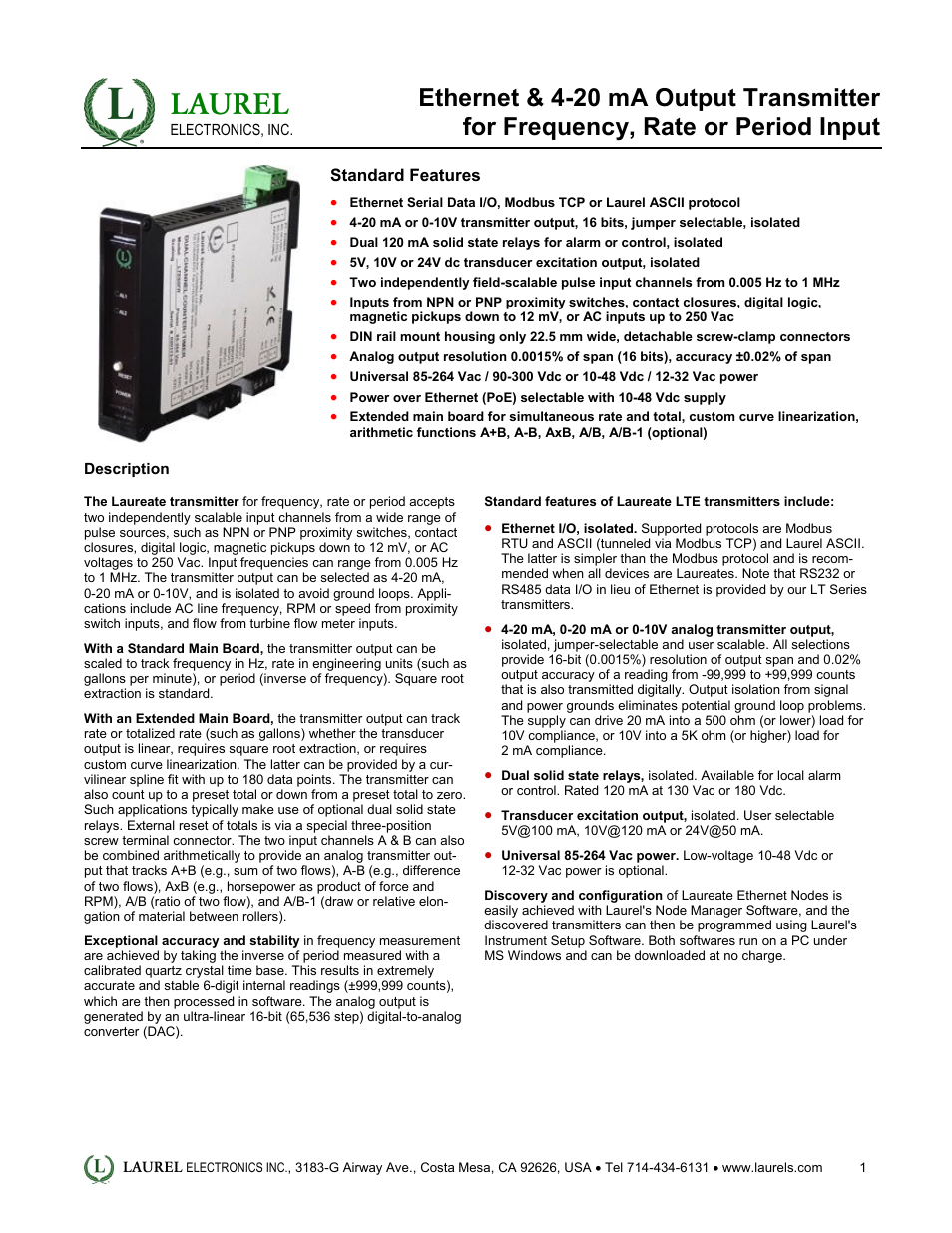 Laurel Electronics LTE: Ethernet & 4-20 mA Output Transmitter for Frequency, Rate or Period Input User Manual | 4 pages