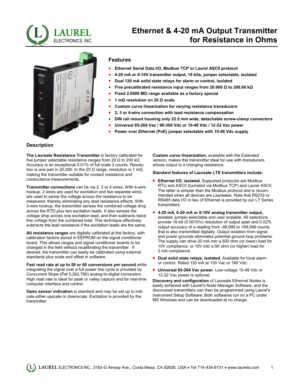 Laurel Electronics LTE: Ethernet & 4-20 mA Output Transmitter for Resistance in Ohms User Manual | 4 pages