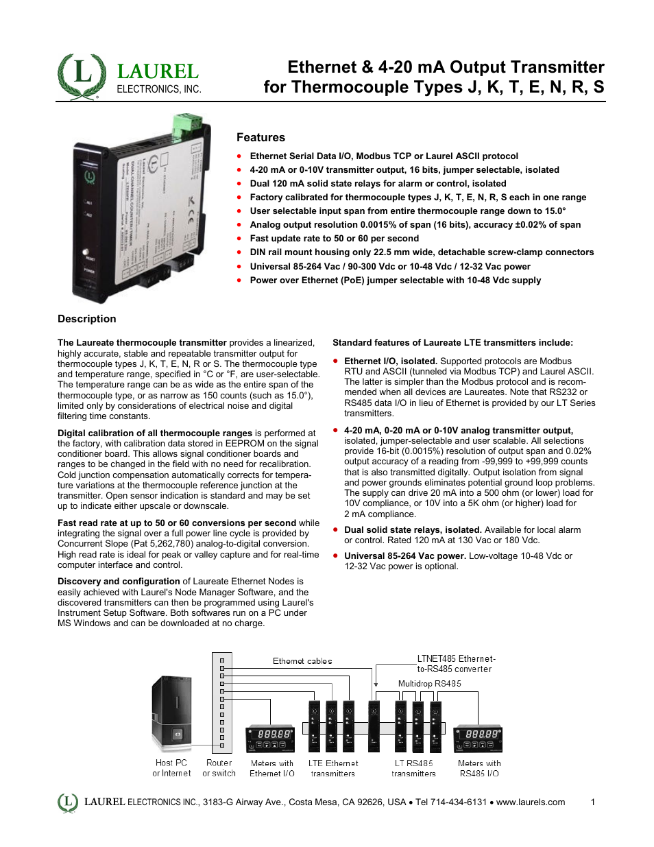Laurel Electronics LTE: Ethernet & 4-20 mA Output Transmitter for Thermocouple Types J, K, T, E, N, R, S User Manual | 4 pages