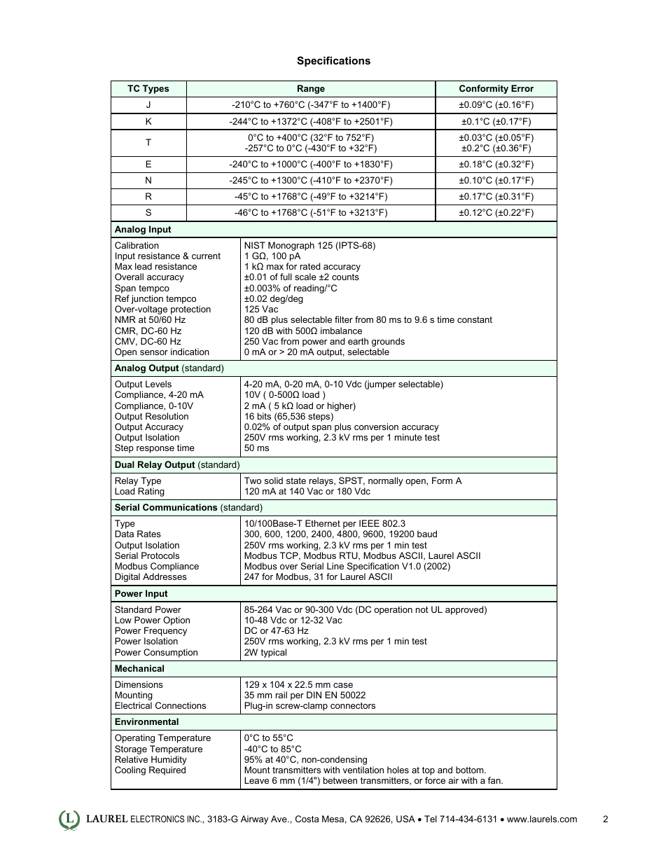 Laurel Electronics LTE: Ethernet & 4-20 mA Output Transmitter for Thermocouple Types J, K, T, E, N, R, S User Manual | Page 2 / 4