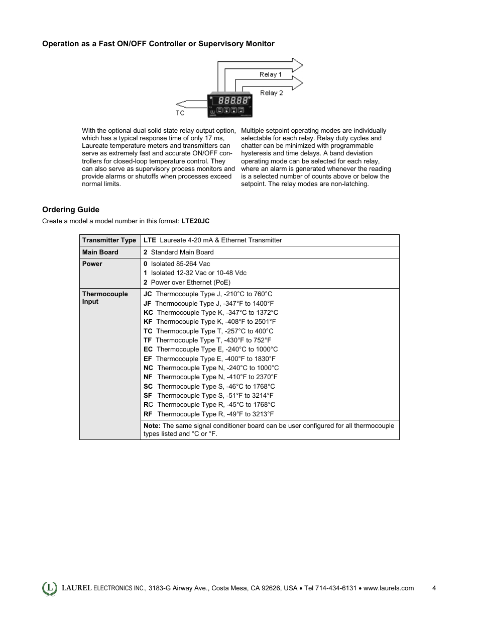 Laurel Electronics LTE: Ethernet & 4-20 mA Output Transmitter for Thermocouple Types J, K, T, E, N, R, S User Manual | Page 4 / 4