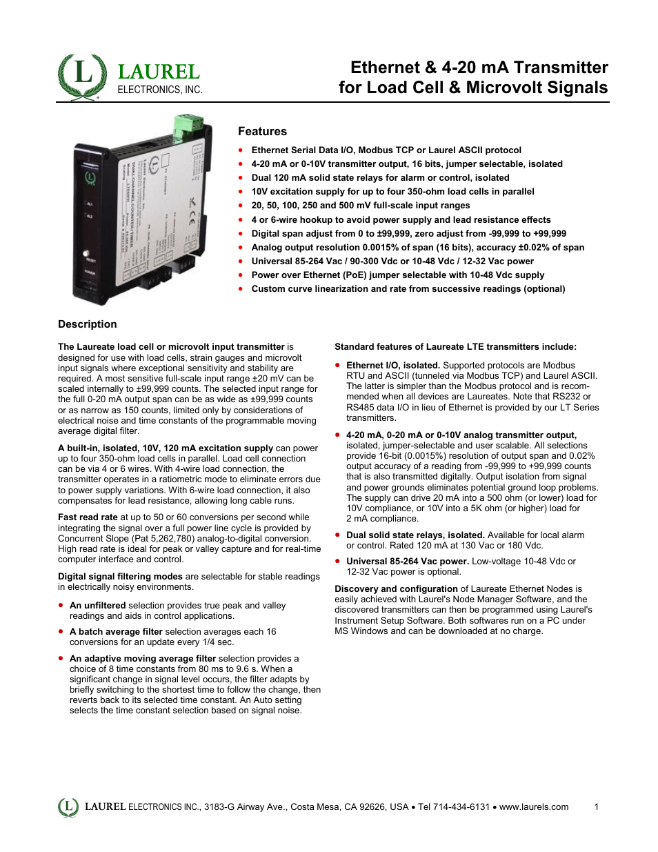 Laurel Electronics LTE: Ethernet & 4-20 mA Transmitter for Load Cell & Microvolt Signals User Manual | 4 pages