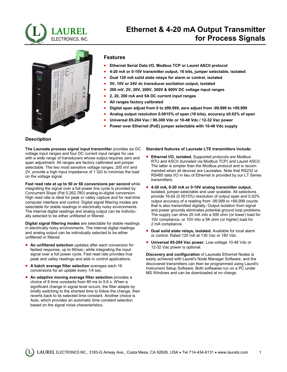 Laurel Electronics LTE: Ethernet & 4-20 mA Output Transmitter for Process Signals User Manual | 4 pages