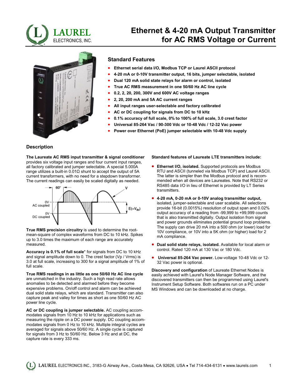 Laurel Electronics LTE: Ethernet & 4-20 mA Output Transmitter for AC RMS Voltage or Current User Manual | 4 pages