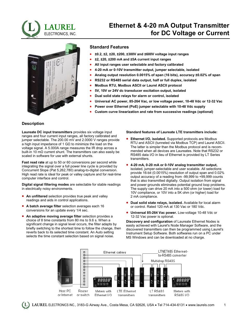 Laurel Electronics LTE: Ethernet & 4-20 mA Output Transmitter for DC Voltage or Current User Manual | 4 pages