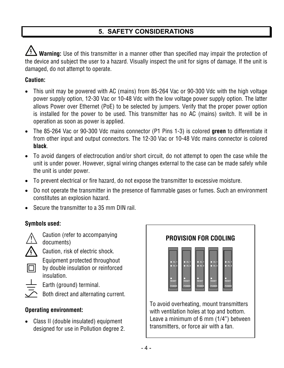 Safety considerations, Provision for cooling, Symbols used | Caution (refer to accompanying documents), Caution, risk of electric shock, Earth (ground) terminal, Both direct and alternating current | Laurel Electronics LTSE6 - Manual User Manual | Page 4 / 25