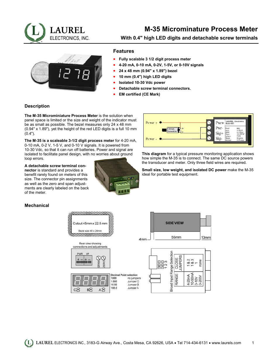 Laurel Electronics M-35 Microminature Process Meter User Manual | 2 pages