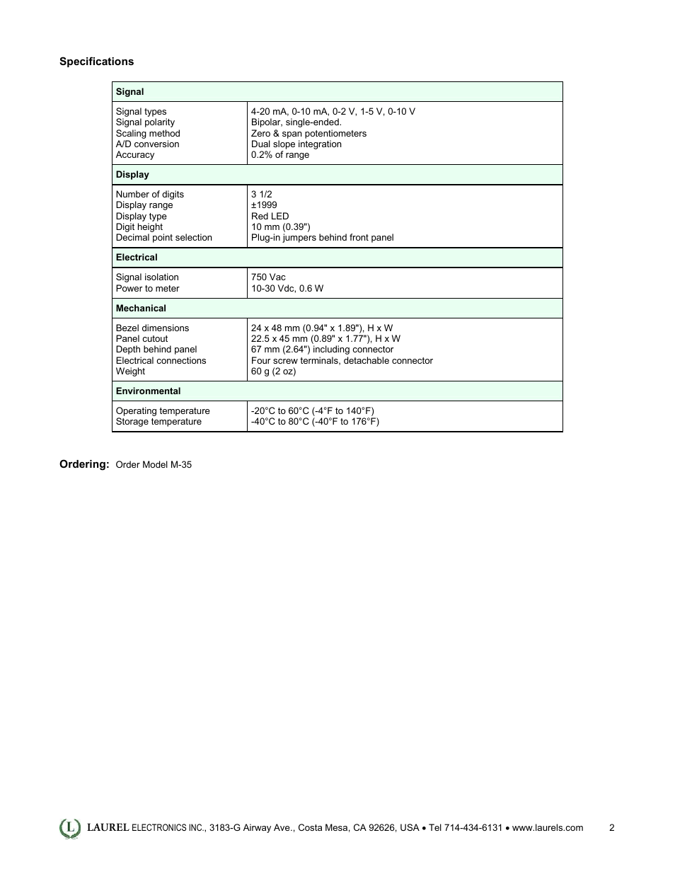 Laurel Electronics M-35 Microminature Process Meter User Manual | Page 2 / 2