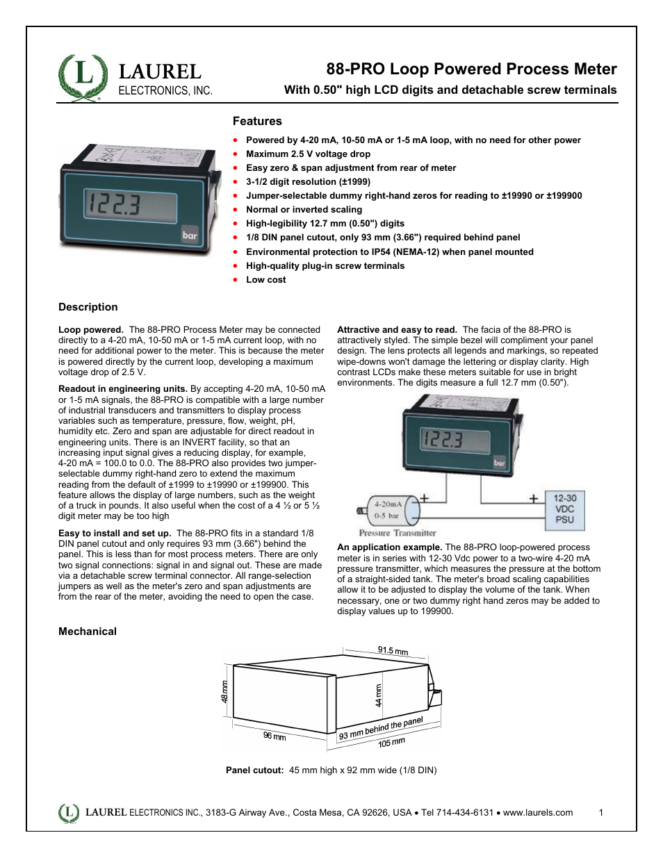 Laurel Electronics 88-PRO Loop Powered Process Meter User Manual | 2 pages