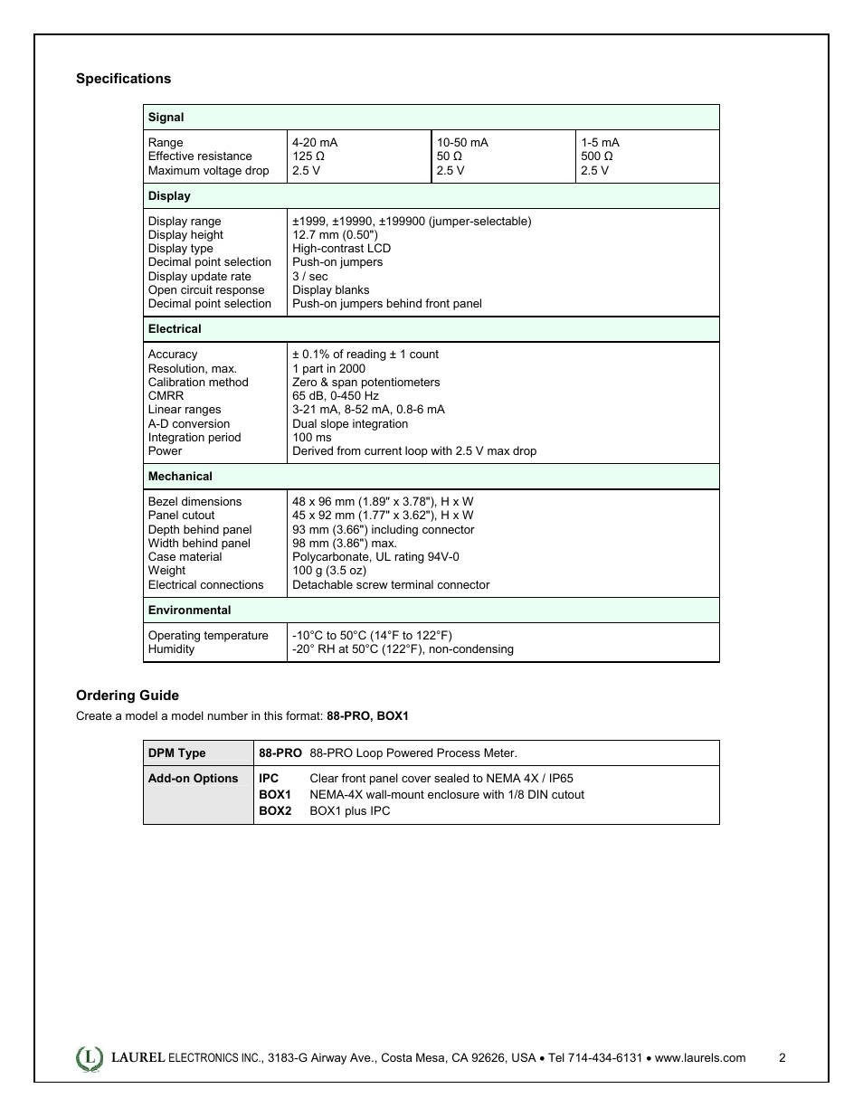 Laurel Electronics 88-PRO Loop Powered Process Meter User Manual | Page 2 / 2