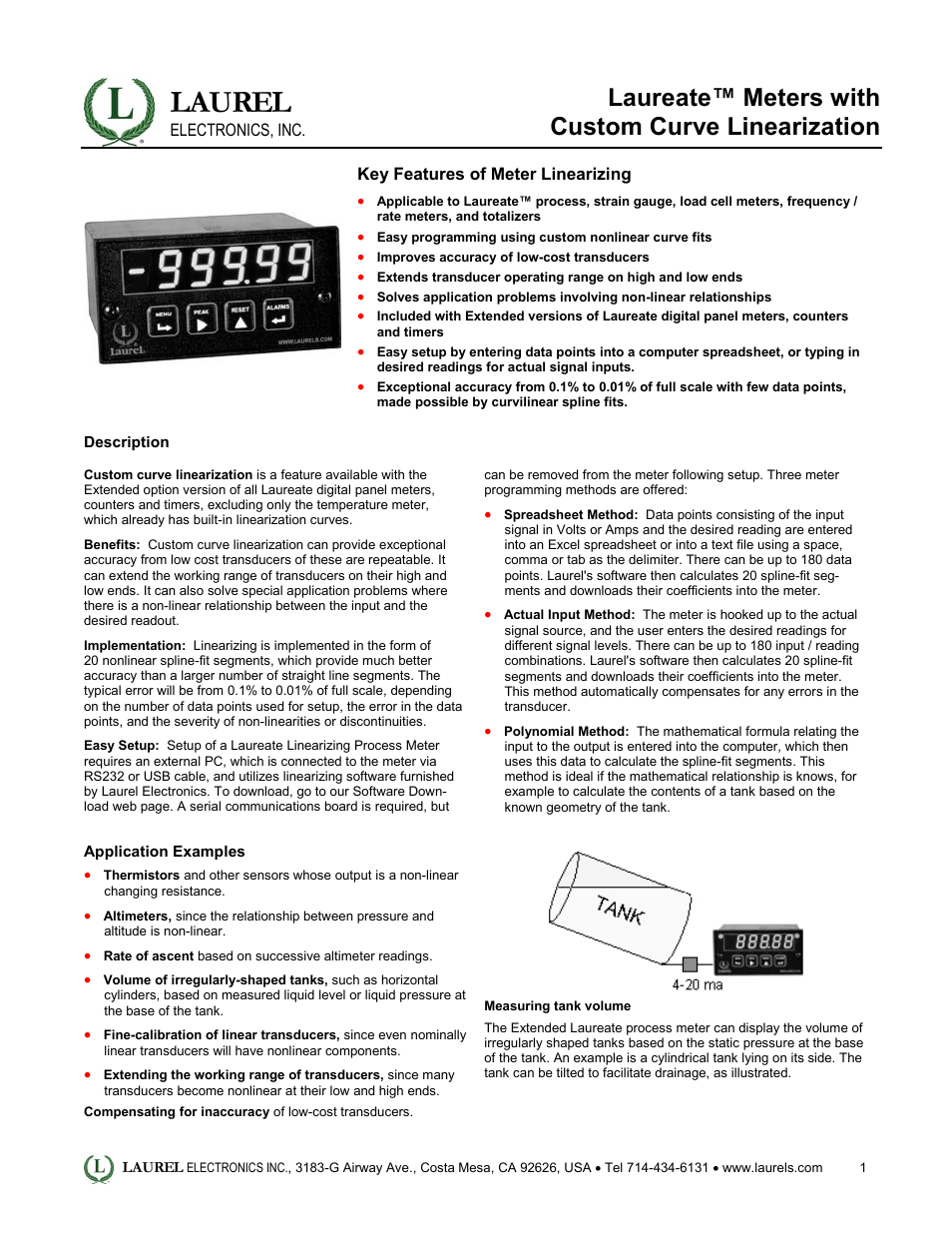 Laurel Electronics Laureate Meters with Custom Curve Linearization User Manual | 3 pages