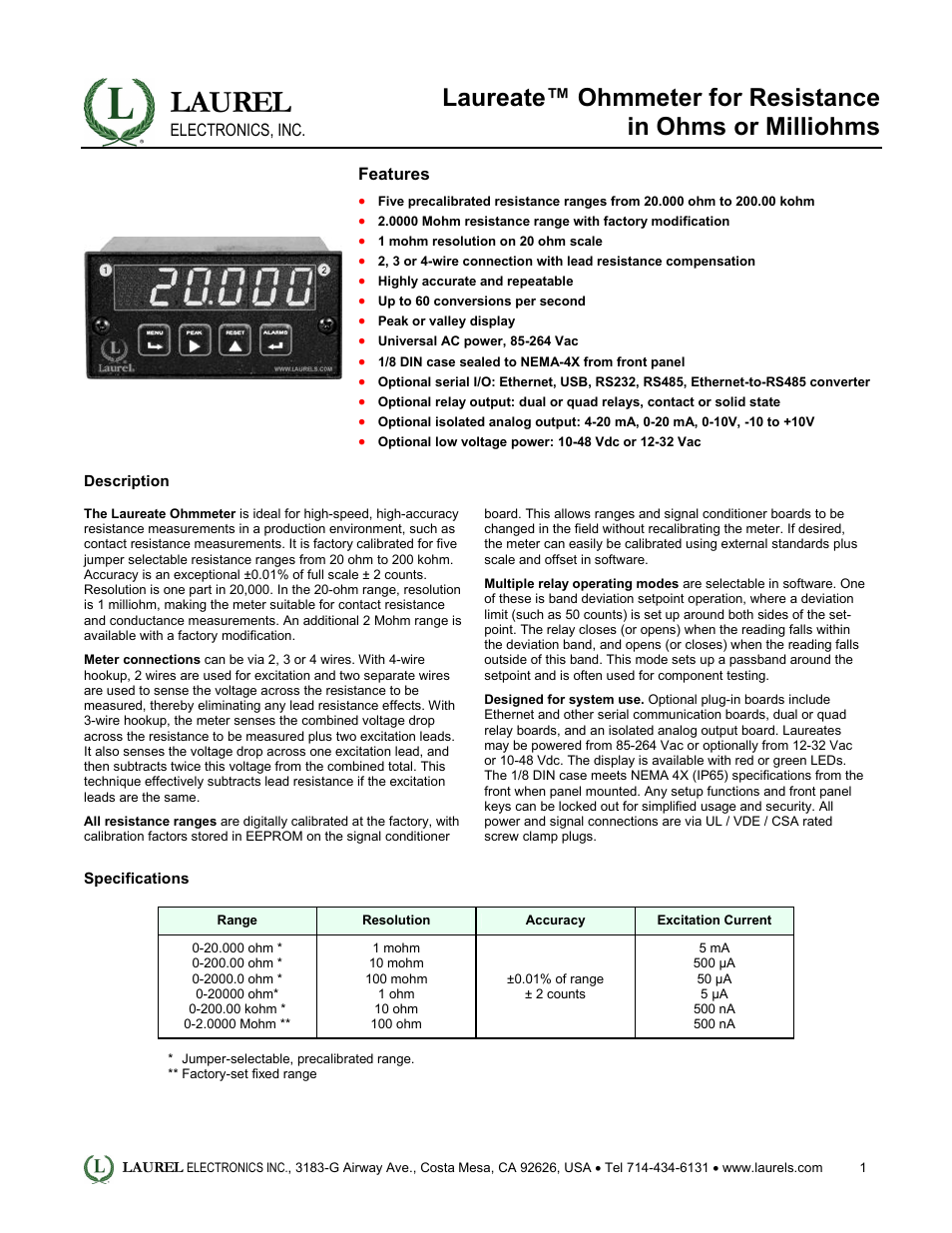 Laurel Electronics Laureate Ohmmeter for Resistance in Ohms or Milliohms User Manual | 4 pages