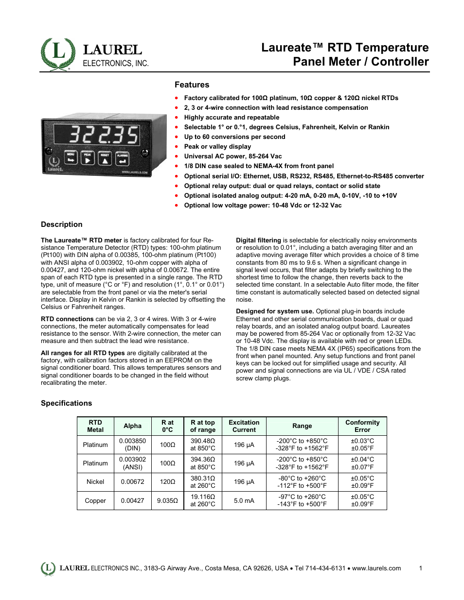 Laurel Electronics Laureate RTD Temperature Panel Meter-Controller User Manual | 5 pages