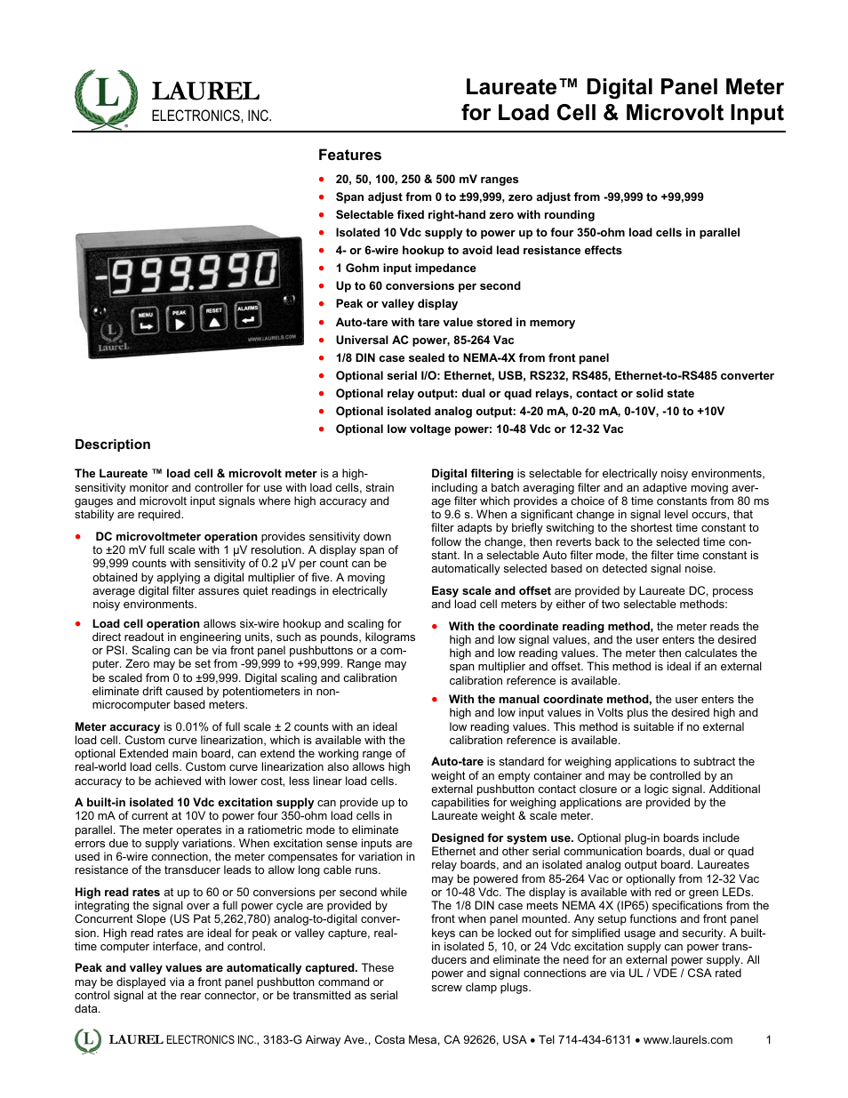 Laurel Electronics Laureate Digital Panel Meter for Load Cell & Microvolt Input User Manual | 5 pages