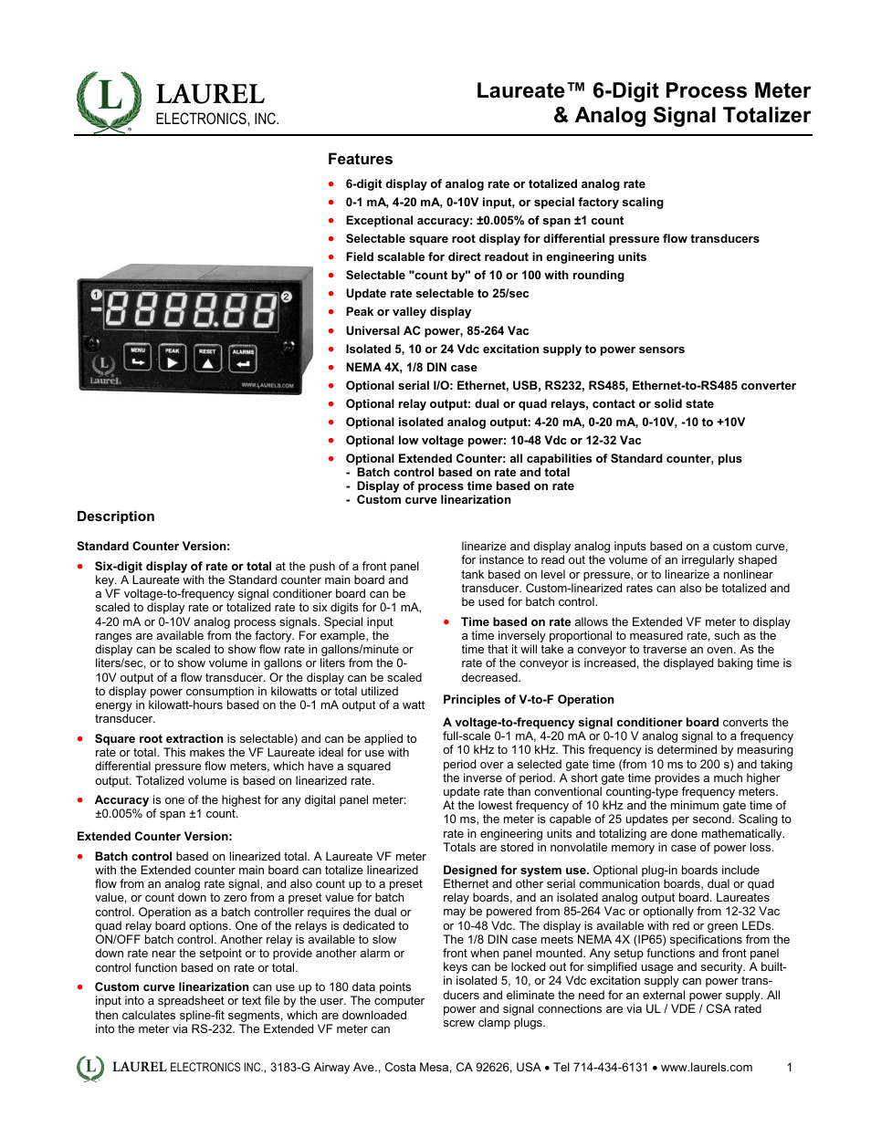 Laurel Electronics Laureate 6-Digit Process Meter & Analog Signal Totalizer User Manual | 5 pages