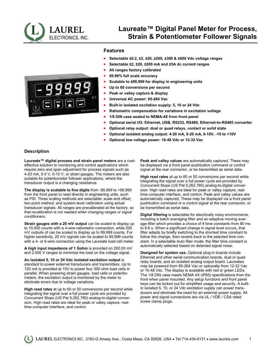 Laurel Electronics Laureate Digital Panel Meter for Process, Strain & Potentiometer Follower Signals User Manual | 5 pages