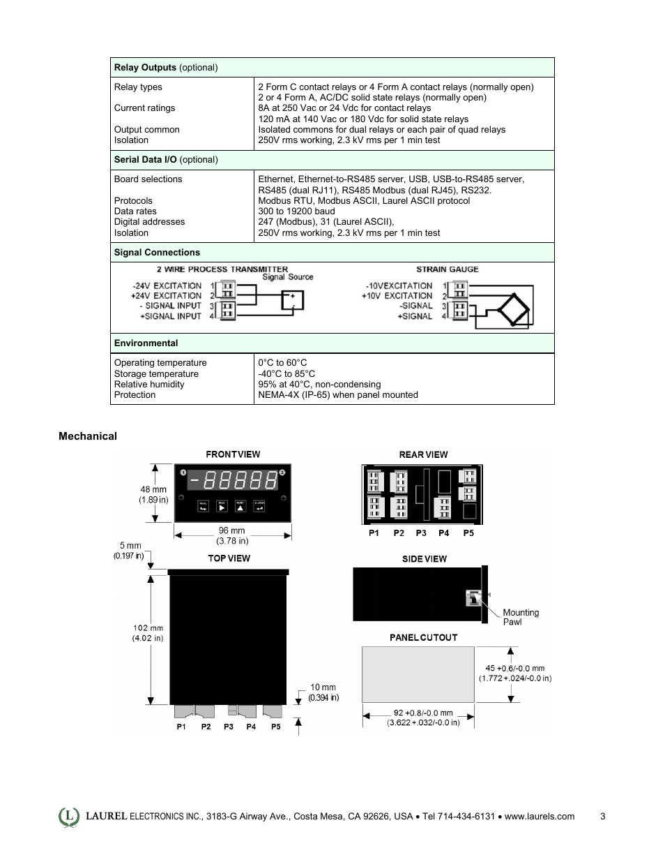 Laurel Electronics Laureate Digital Panel Meter for Process, Strain & Potentiometer Follower Signals User Manual | Page 3 / 5