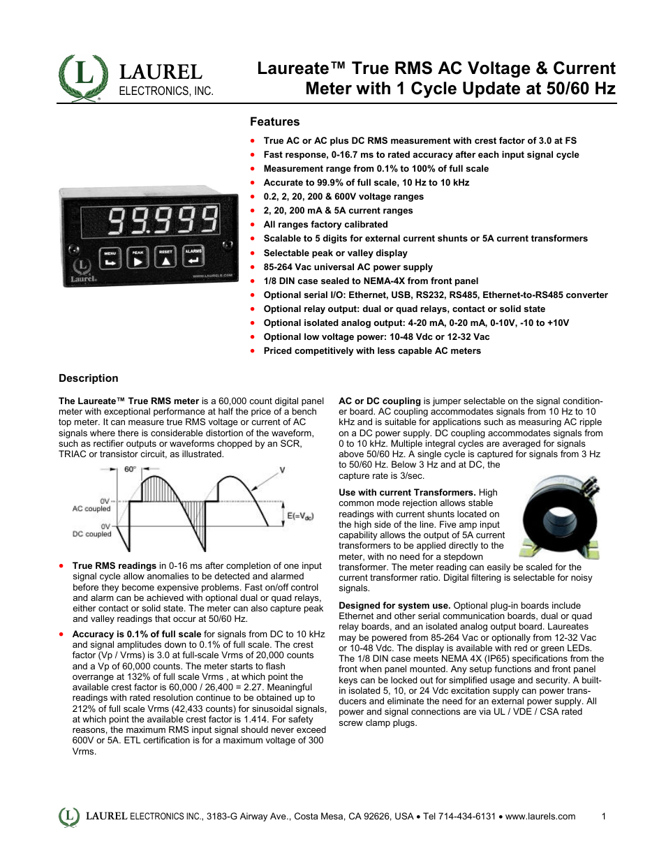 Laurel Electronics Laureate True RMS AC Voltage & Current Meter with 1 Cycle Update at 50-60 Hz User Manual | 5 pages