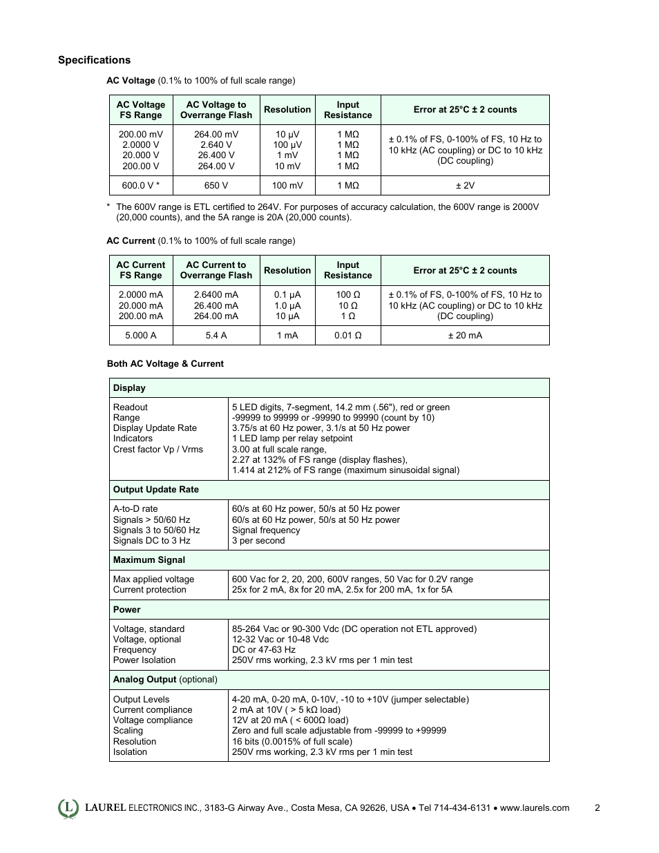 Laurel Electronics Laureate True RMS AC Voltage & Current Meter with 1 Cycle Update at 50-60 Hz User Manual | Page 2 / 5