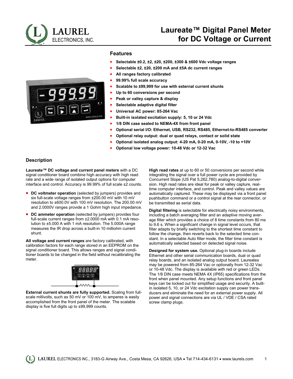 Laurel Electronics Laureate Digital Panel Meter for DC Voltage or Current User Manual | 4 pages