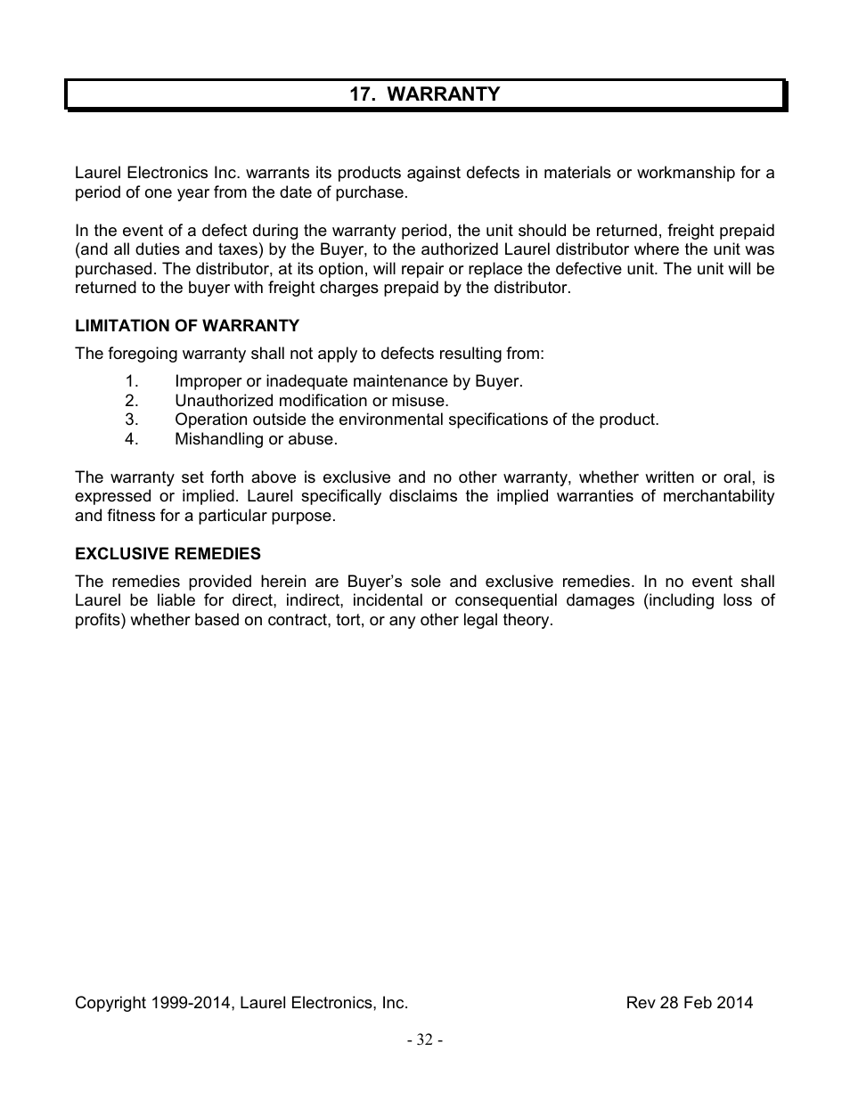 Laurel Electronics LAUREATE SERIES 2 SERIAL INPUT METER & REMOTE DISPLAY User Manual | Page 32 / 32