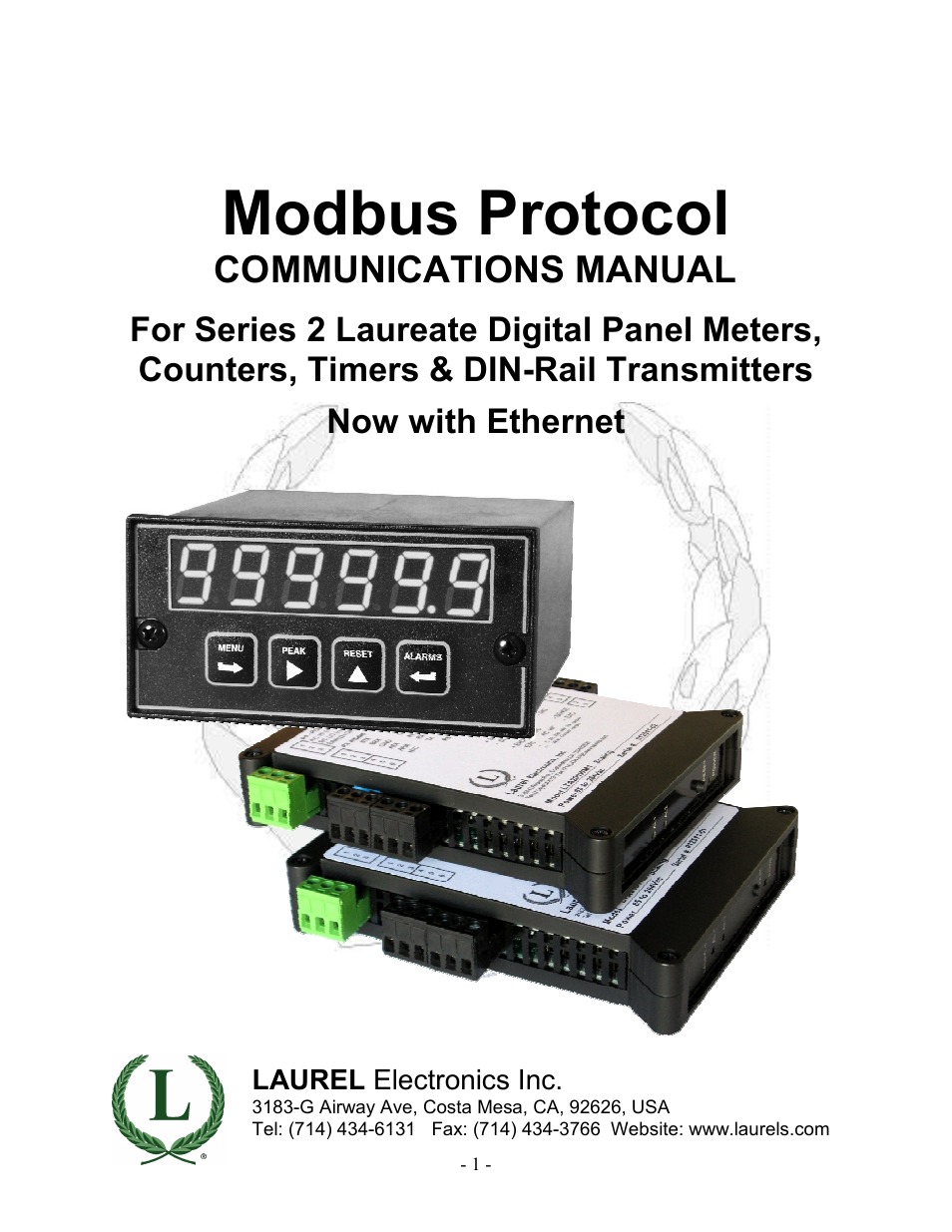 Laurel Electronics Modbus Protocol For Series 2 Laureate Digital Panel Meters, Counters, Timers & DIN-Rail Transmitters User Manual | 32 pages