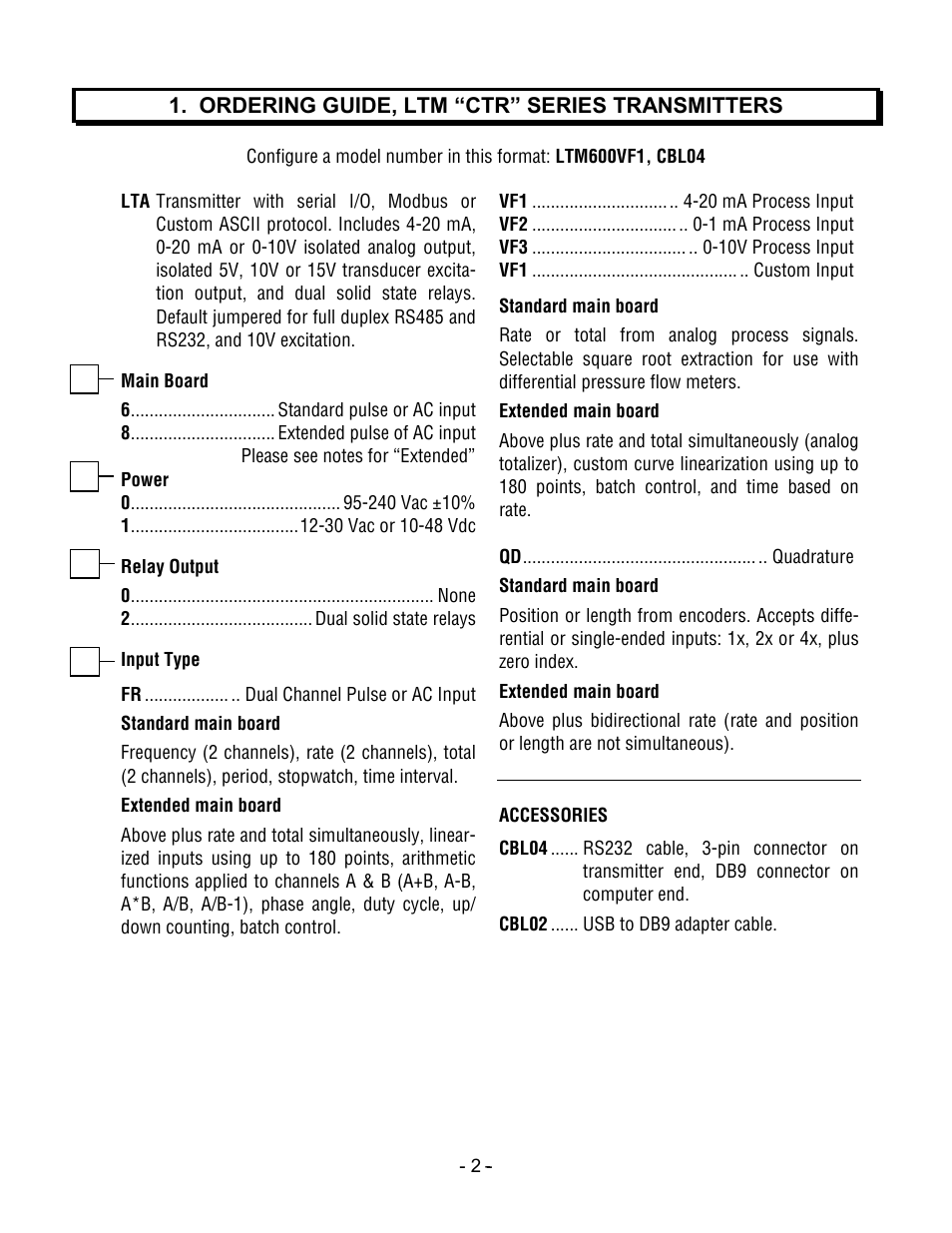 Ordering guide, ltm “ctr” series transmitters | Laurel Electronics LTM CTR SERIES PULSE, AC or PROCESS TOTALIZER INPUT, SERIAL DATA OUTPUT User Manual | Page 2 / 40