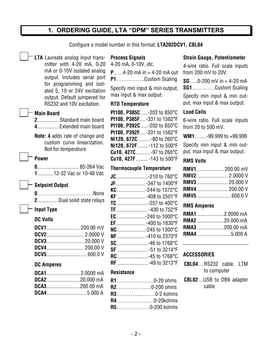 Ordering guide, lta “dpm” series transmitters | Laurel Electronics LTA DPM SERIES ANALOG INPUT User Manual | Page 2 / 32