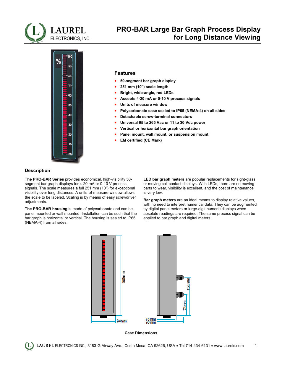 Laurel Electronics PRO-BAR Large Bar Graph Process Display for Long Distance Viewing User Manual | 2 pages