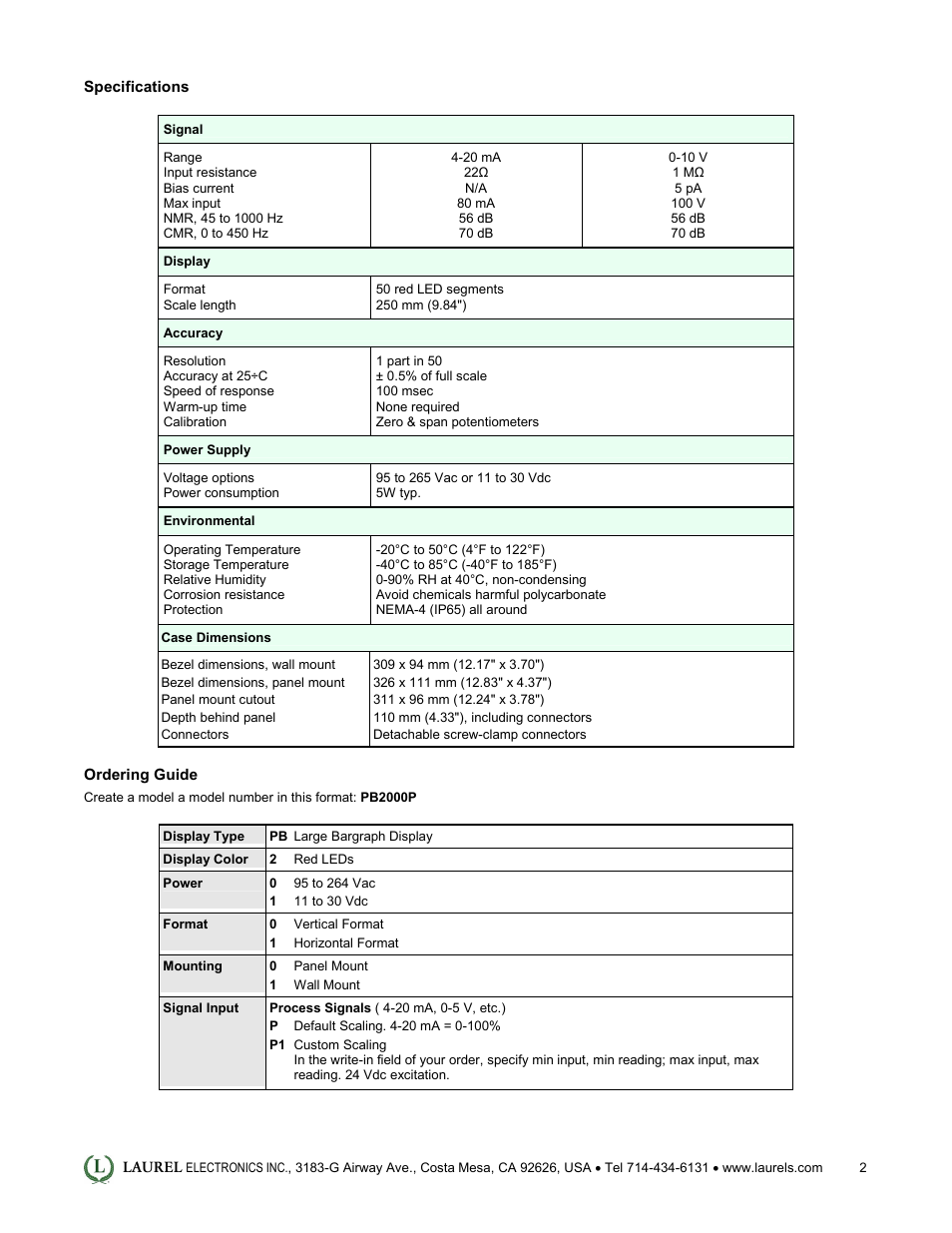 Laurel Electronics PRO-BAR Large Bar Graph Process Display for Long Distance Viewing User Manual | Page 2 / 2