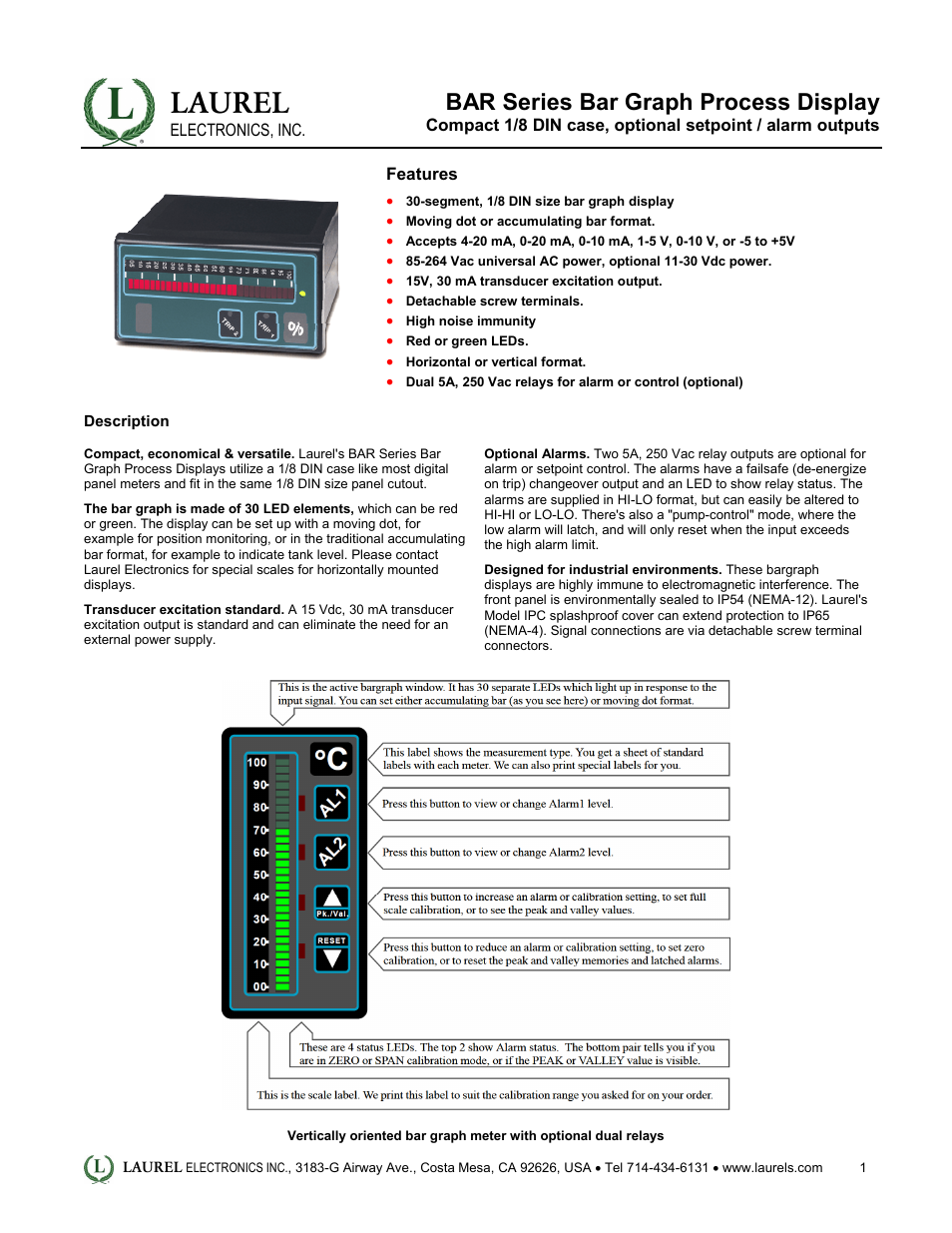 Laurel Electronics BAR Series Bar Graph Process Display User Manual | 3 pages