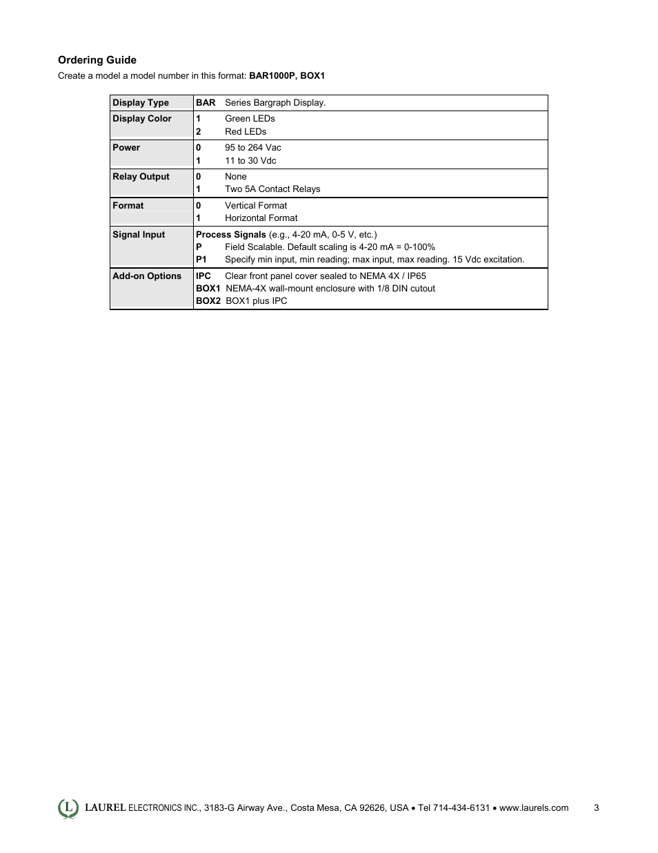 Laurel Electronics BAR Series Bar Graph Process Display User Manual | Page 3 / 3