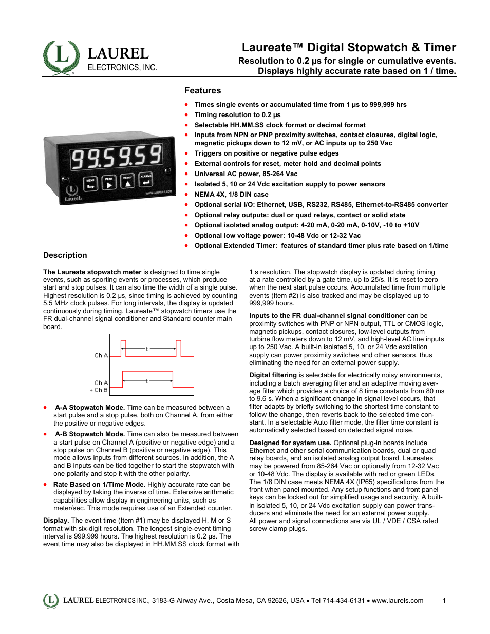 Laurel Electronics Laureate Digital Stopwatch & Timer User Manual | 5 pages